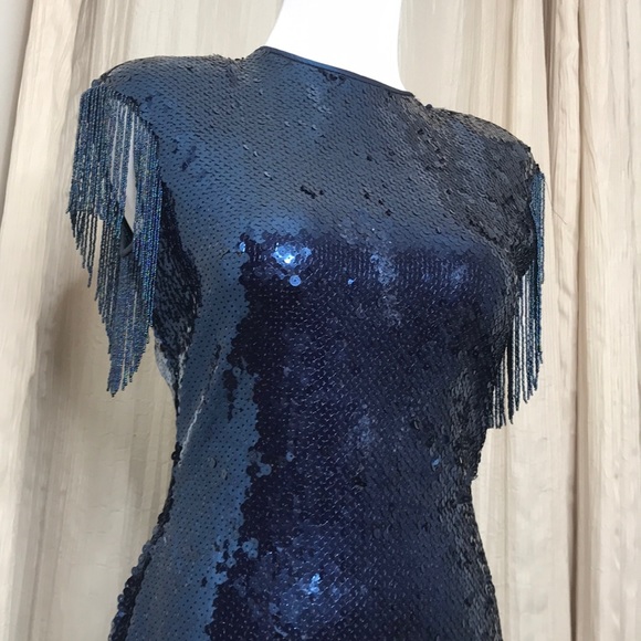 SOLD πVTG Blue Sequin Midi Fringe Open Back Dress M - Picture 6 of 16